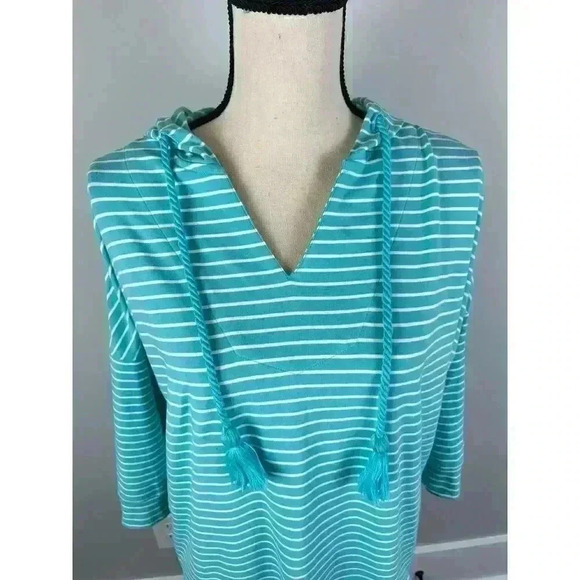 Coolibar Key Colony Beach Hoodie Blue Striped Tassel UPF 50 Stretch S - Picture 2 of 12